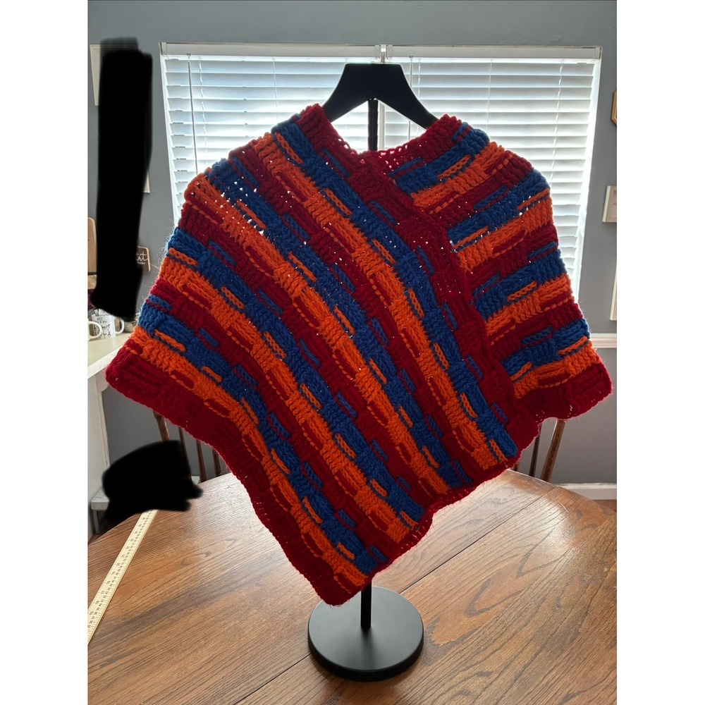 Handmade Crochet Poncho Red‎ Orange Blue Basketweave Knit Vintage Style Wrap - Picture 2 of 2